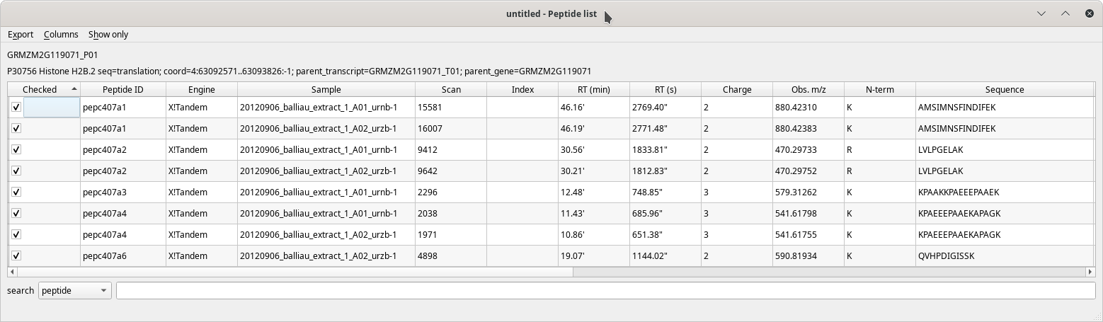 The peptide list window (first columns)